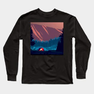 Isometric vaporwave camp in forest and mountains landscape Long Sleeve T-Shirt